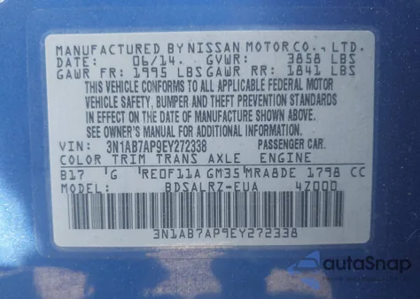 2014 Nissan Sentra Sr из США, поврежденный, VIN 3N1AB7AP9EY272338